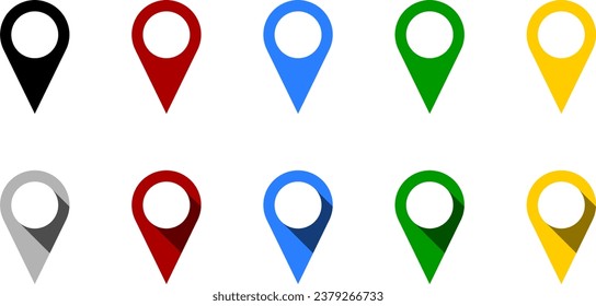 Location Pointer Pin or You Are Here Marker Hotspot Symbol Sign Icon Set with Flat and 3D Style Shadow Effect. Vector Image.