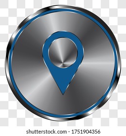 Location pointer simple icon vector on metal round button. Transparent grid