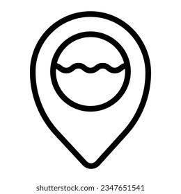 Location pointer with water waves line icon, waterpark concept, sea waves and map marker sign on white background, gps pin map for pool icon outline style. Vector graphics.