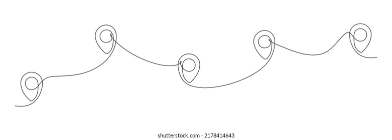Location pointers continuous one line drawing. GPS navigation line route. Vector illustration isolated on white.