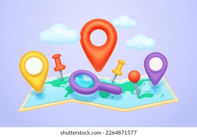 Location pointers on map, navigation and navigating on print maps. Destination and tools for search of place, magnifying glass. 3d style vector illustration