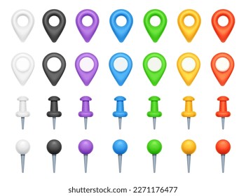 Location pointers for push pin maps or online application for mapping. Isolated colorful signs showing precise location point. 3d style vector illustration