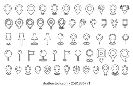 Location pointers set Flat isolated location pointers icon set Map pin collection Global positioning system concept icon Vector graphic outline Location icon set 