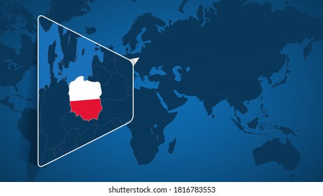 Location of Poland on the World Map with Enlarged Map of Poland with Flag. Geographical Vector Template for your design.