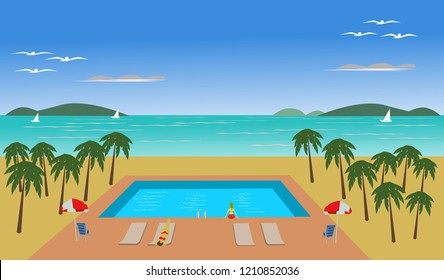 The location of the pool has coconut trees around. The sea and the blue sky are the background.