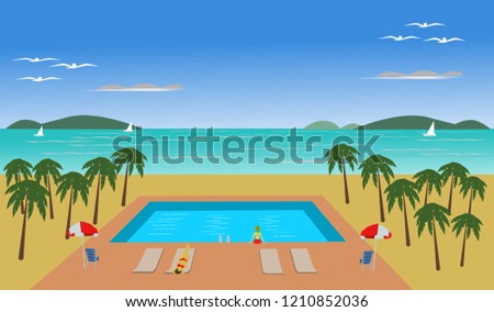 The location of the pool has coconut trees around. The sea and the blue sky are the background.