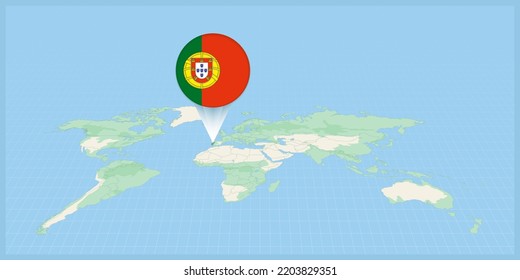 Location of Portugal on the world map, marked with Portugal flag pin. Cartographic vector illustration.