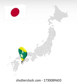 Ubicación de la prefectura de Ehime en el mapa de Japón. 3.ª marca de localización Ehime. Mapa de calidad con regiones de Japón para el diseño de tu sitio web, aplicación, UI.  Vector de material. EPS10.