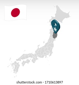Ubicación de la prefectura Iwate en el mapa de Japón. Marca de ubicación de Iwate 3d. Mapa de calidad con regiones de Japón para el diseño de su sitio web, aplicación, UI. Vector de material. EPS10.