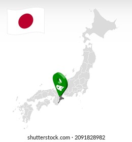 Location of Prefecture Mie on map Japan. 3d Mie location mark. Quality map  with regions of Japan for your web site design, app, UI.  Japan. EPS10.