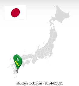 Location of Prefecture Miyazaki on map Japan. 3d Miyazaki location mark. Quality map  with regions of Japan for your web site design, app, UI.  Stock vector. EPS10.