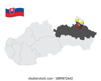 Location  Presov Region on map Slovakia. 3d location sign similar to the flag of Presov Region. Quality map  with regions of Slovakia for your design. EPS10.
