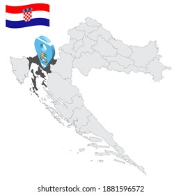 Location Primorje-Gorski Kotar County on map Croatia. 3d location sign similar to the flag of Primorje-Gorski Kotar County. Quality map  with regions of  Croatia for your design. EPS10.