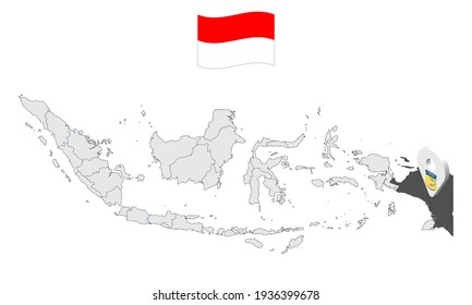 Location of Province Papua on map Indonesia. 3d Papua flag map marker location pin. Quality map with Provinces of Indonesia for your web site design, app, UI. EPS10.