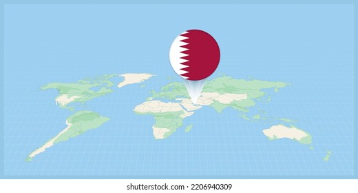 Location of Qatar on the world map, marked with Qatar flag pin. Cartographic vector illustration.