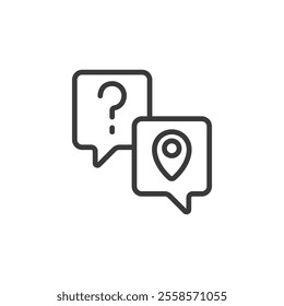 Location questions, icon in line design. Location, questions, map, navigation, help, query, pin on white background vector. Location questions, icon in line design editable stroke icon