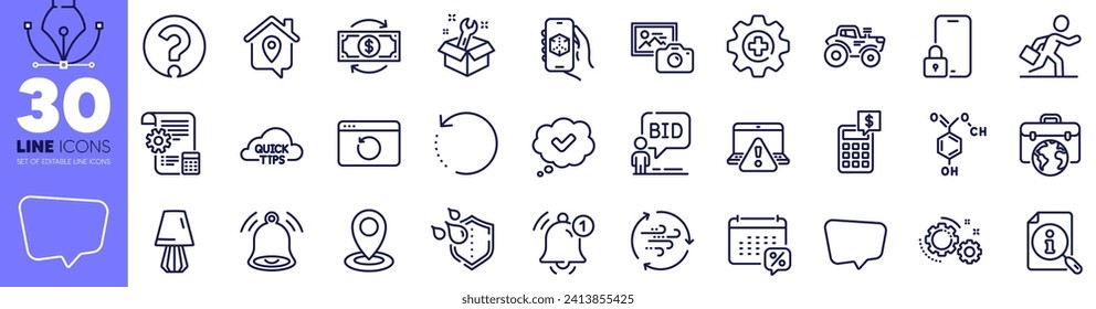 Location, Quick tips and Recovery internet line icons pack. Spanner, Recovery data, Chemical formula web icon. Settings blueprint, Search, Waterproof pictogram. Calculator, Gears, Work home. Vector