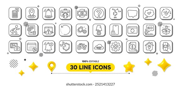 Locación, consejos rápidos y paquete de iconos de línea de Internet de recuperación. Elementos de diseño 3D. Llave, datos de recuperación, icono de Web de fórmula química. Configuraciones, Búsqueda, pictograma impermeable. Vector