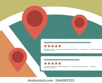 Sistema de classificação de localização com pinos de mapa vermelho e avaliações de cinco estrelas. Interface abstrata com mapa para encontrar locais confiáveis com pontuação de sistema de classificação de alta localização. Ilustração de vetor de design plano