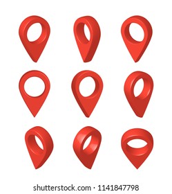 Location red pointers set, isolated.  Map navigation 3d pins. Isometric pointer in right and left positions. Vector illustration