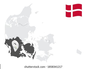 Location Region of Southern Denmark on map Denmark. 3d location sign similar to the flag of Southern Denmark. Quality map  with regions for your design. EPS10.