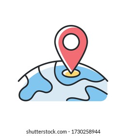 Location RGB color icon. GPS marker on planet. Global position tracking. International travel destination. Worldwide transportation. Geolocation pointer. Isolated vector illustration