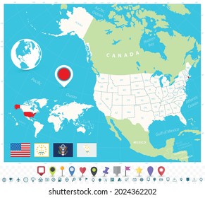 Location of Rhode Island on USA map with flags and map icons. Detailed vector illustration.