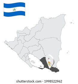 Location of  Rio San Juan on map Nicaragua . 3d location sign similar to the flag of Rio San Juan. Quality map  with  provinces of  Nicaragua for your design. EPS10