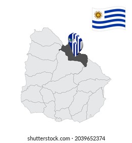 Ubicación Departamento Rivera en el mapa de Uruguay. 3d signo de ubicación similar a la bandera del departamento de Rivera. Mapa de calidad con regiones de Uruguay para su diseño. EPS10