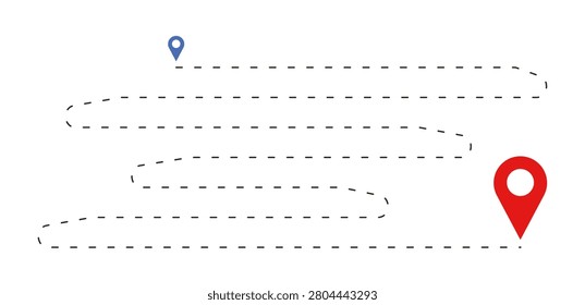 Location Route with Horizontal Serpentine Dashed Path and Blue Red Pin Icons
