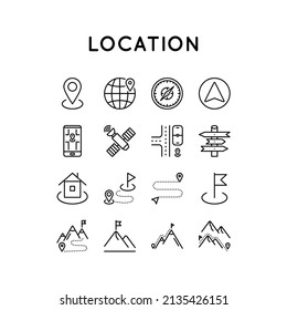 Location and Route. Set of vector icons on theme of Travel. It is made in simple style isolated on white background.