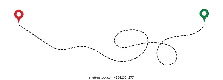 Location routes icon set. Route vector between two points with dotted path and location pin. Location pointer continuous one line drawing. GPS navigation line route mark in eps 10.