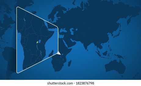 Location of Rwanda on the World Map with Enlarged Map of Rwanda with Flag. Geographical Vector Template for your design.