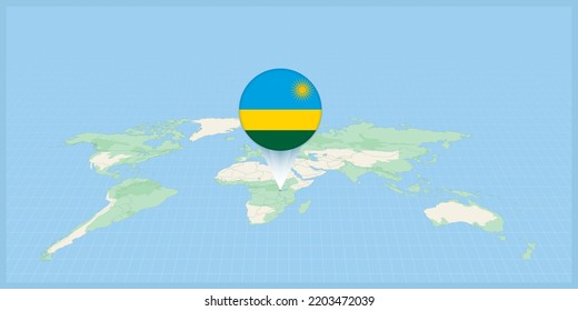 Ubicación de Ruanda en el mapa del mundo, marcado con la bandera de Ruanda. Ilustración vectorial cartográfica.