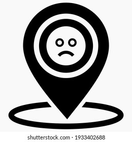 Location and sad emoticon. Bad review for the place. Opinion about the object. User feedback. Vector icon.