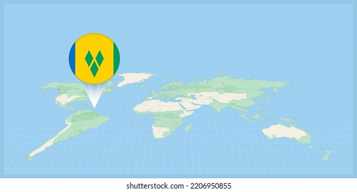 Location of Saint Vincent and the Grenadines on the world map, marked with Saint Vincent and the Grenadines flag pin. Cartographic vector illustration.