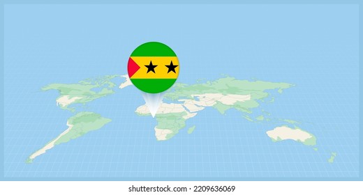 Location of Sao Tome and Principe on the world map, marked with Sao Tome and Principe flag pin. Cartographic vector illustration.