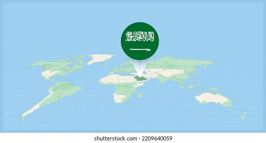 Location of Saudi Arabia on the world map, marked with Saudi Arabia flag pin. Cartographic vector illustration.