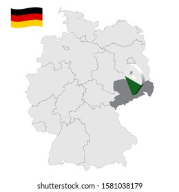 Location of Saxony on map Federal Republic of Germany. 3d Free State of Saxony location sign similar to the flag of Saxony. Quality map of Germany with regions. EPS10.