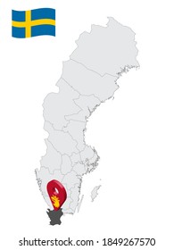 Standort Scania County auf der Karte Schweden. 3D-Ortszeichen ähnlich der Flagge von Scania County. Qualitätskarte mit Regionen in Schweden für Ihr Design. EPS10.