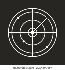 Location scanner icon, signal radar pictogram. Lined, simple vector design, white symbol isolated on black background.