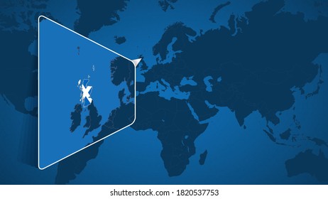Location of Scotland on the World Map with Enlarged Map of Scotland with Flag. Geographical Vector Template for your design.