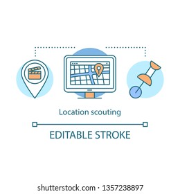 Location scouting concept icon. Video pre production idea thin line illustration. Film making place. Filming location scout. Movie studio searching. Vector isolated outline drawing. Editable stroke