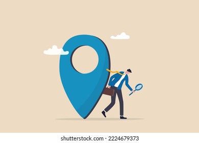 Location search for business address, map or direction to navigate or find position, office location street information concept, curious businessman search with magnifying glass with map location pin.