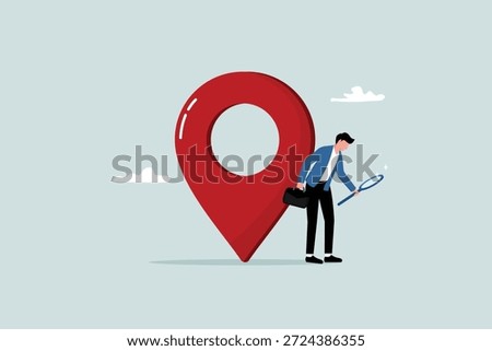 Location search for business address, map or directions to find position, office location street information concept, businessman finding out with magnifying glass and location marker on map.