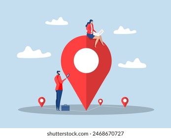 Location search, businessman search with magnifying glass with map location pin to map or directions to navigate or find position style.Vector