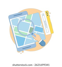 Location Search Concept. Map with Hand and Magnifying Glass. GPS Navigation. search location. Online map. map or direction to navigate or find position. Vector Illustration Design.