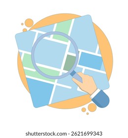 Location Search Concept. Map with Hand and Magnifying Glass. GPS Navigation. search location. Online map. map or direction to navigate or find position. Vector Illustration Design.