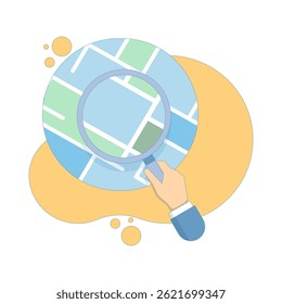Location Search Concept. Map with Hand and Magnifying Glass. GPS Navigation. search location. Online map. map or direction to navigate or find position. Vector Illustration Design.