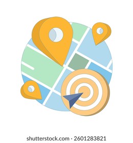 Location Search Concept with map markers. Nearby places, GPS navigation and local SEO strategies for business visibility. Digital maps, geolocation and online targeting for efficient search.